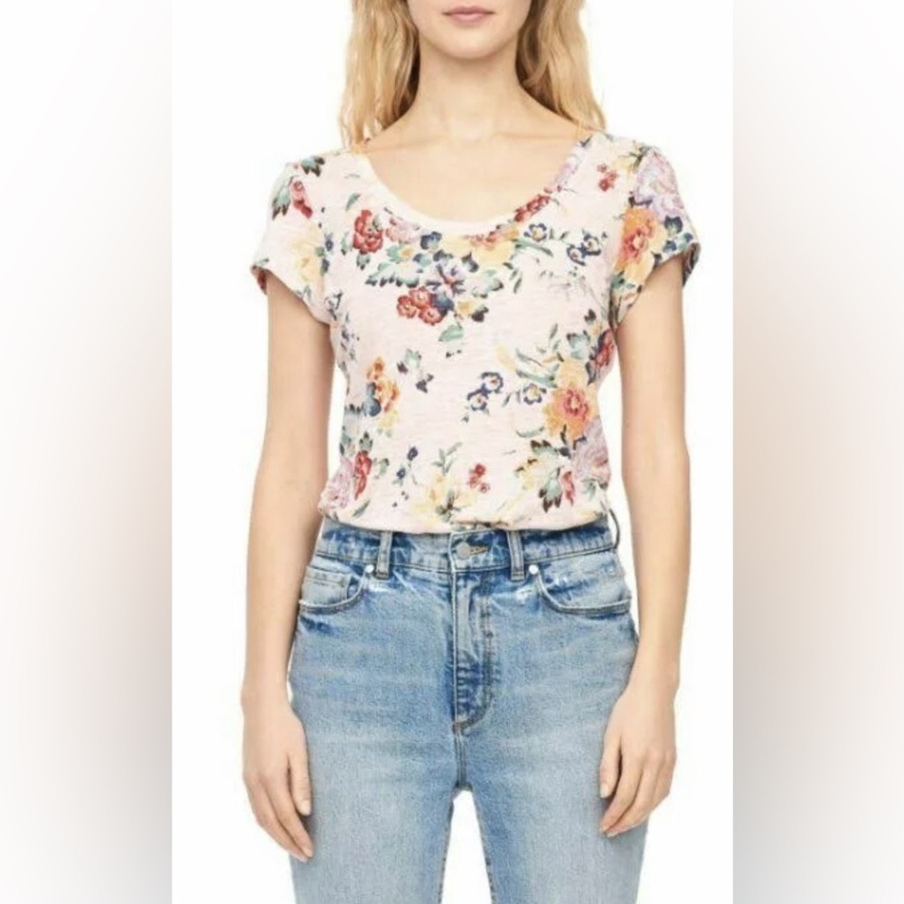 Rebecca Taylor T-shirt Linen Floral Cap Sleeves Pink Tee 100% Linen XS